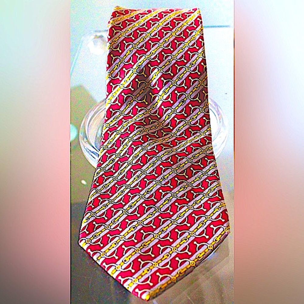 HERMES TIE SILK VINTAGE GOLD HORSE BITS MAROON STRIPE FRANCE 1970-80s MENS